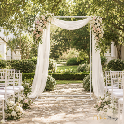 arche mariage exterieur blanche avec voilage et compositions florales pour cérémonie en plein air