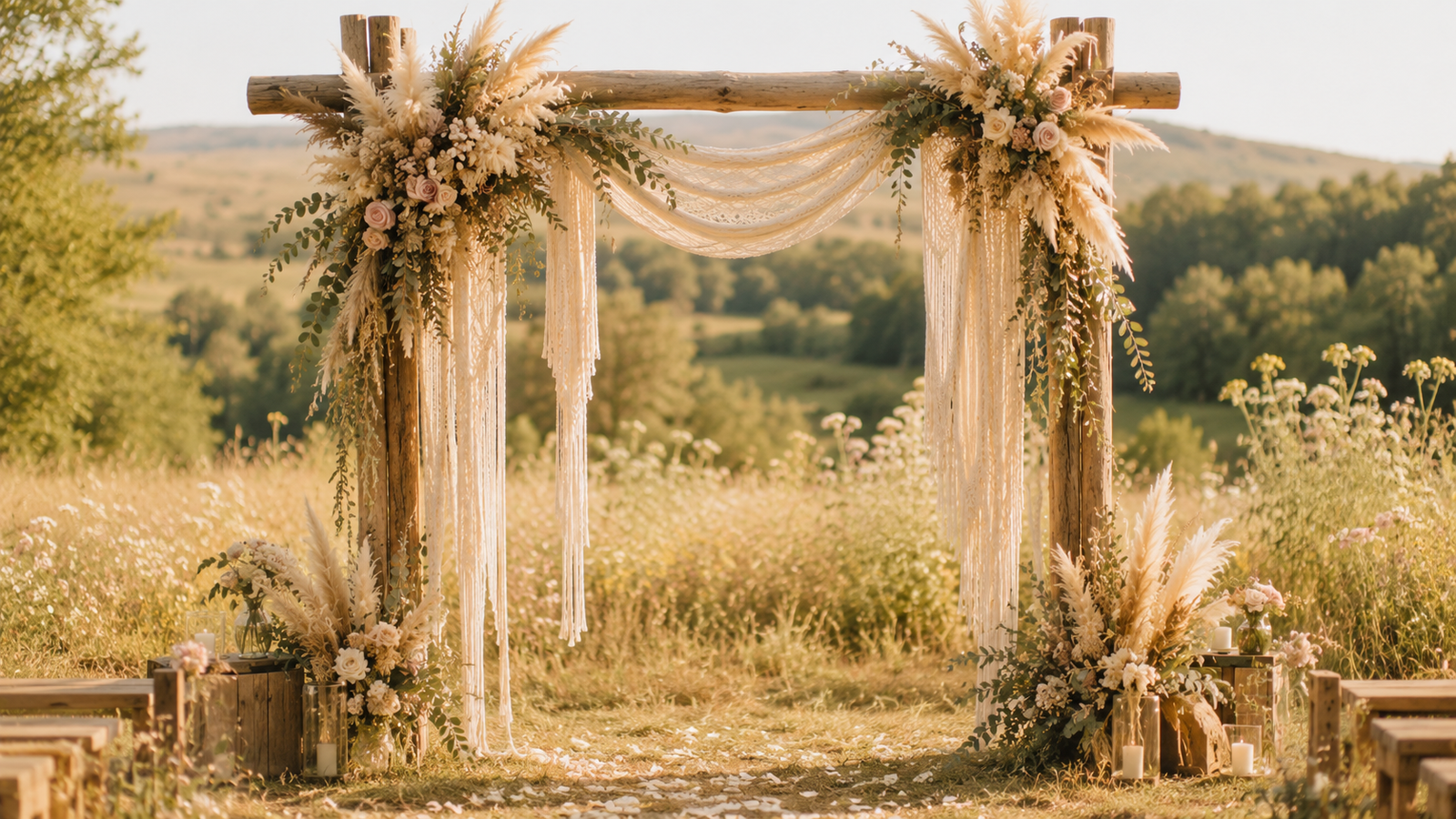 arche en bois naturel avec pampa et fleurs séchées style bohème