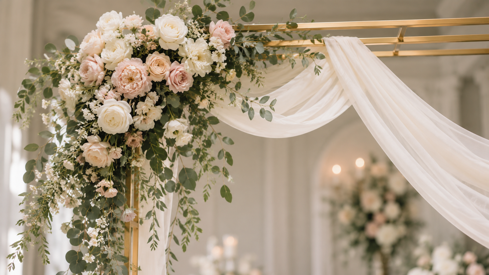 décoration asymétrique arche de mariage roses blanches et eucalyptus