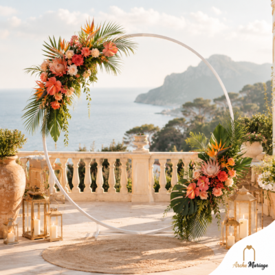 Arche blanche mariage ronde en métal laqué décorée de fleurs sur fond de plage