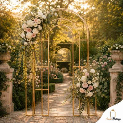 Arche bienvenue mariage dorée en métal design grille architecturale 200 cm entrée cérémonie