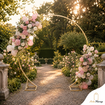 Arche ballon pour mariage ronde en métal doré décorée de fleurs roses et rouges sur pieds stabilisateurs