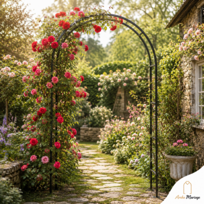 Arche mariage champêtre en acier noir style gothique décorée de roses rouges grimpantes dans un jardin