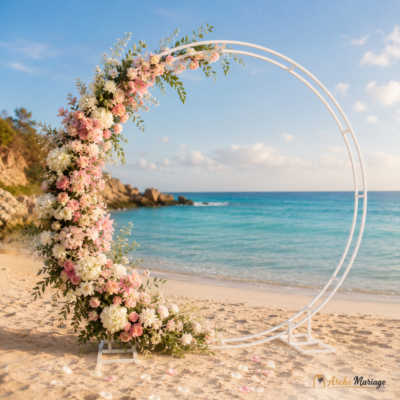 Arche mariage originale ronde en métal blanc double rail décorée de fleurs roses et blanches pour cérémonie