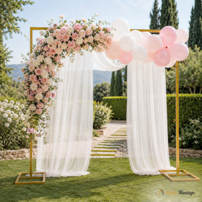 Arche photo mariage dorée carrée 3x3m décorée de fleurs roses ballons pastels et tulle blanc pour cérémonie