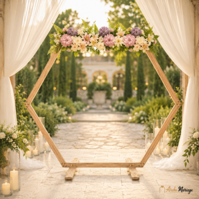 arche bois mariage hexagonale en bois naturel avec fleurs pour cérémonie extérieure