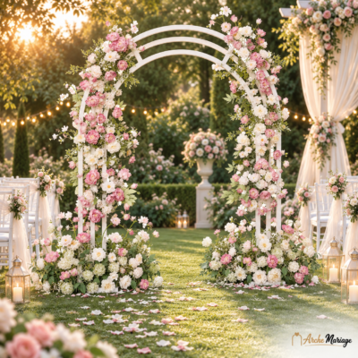arche de jardin pour mariage en métal blanc avec roses et feuillages