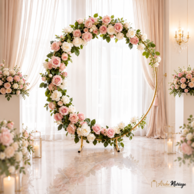 arche fleurie pour mariage circulaire en métal doré avec roses roses et blanches