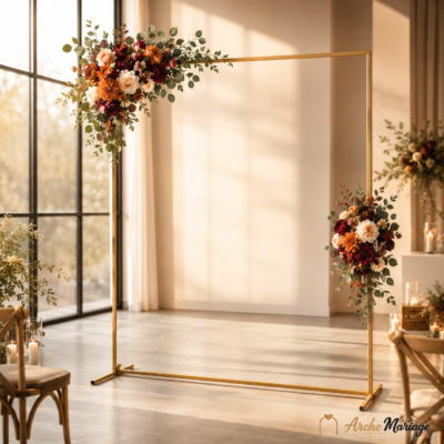 arche carrée mariage en métal doré avec compositions florales automnales