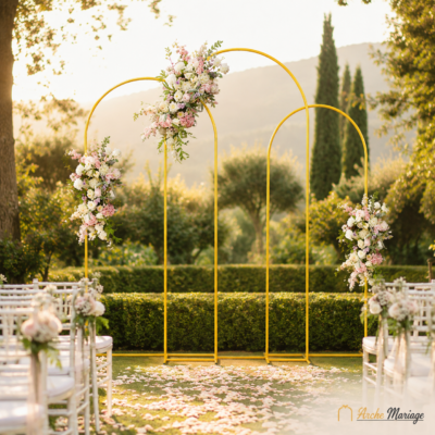 arche décorative mariage set de 3 structures dorées avec compositions florales