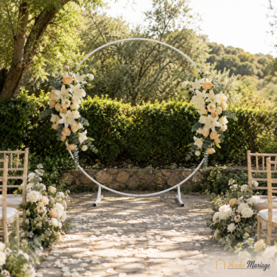 arche cercle mariage blanche avec compositions florales crème et eucalyptus