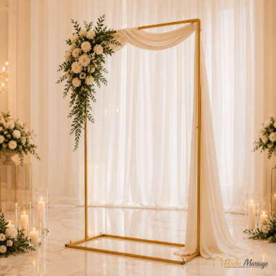 arche rectangulaire mariage dorée en métal avec base carrée